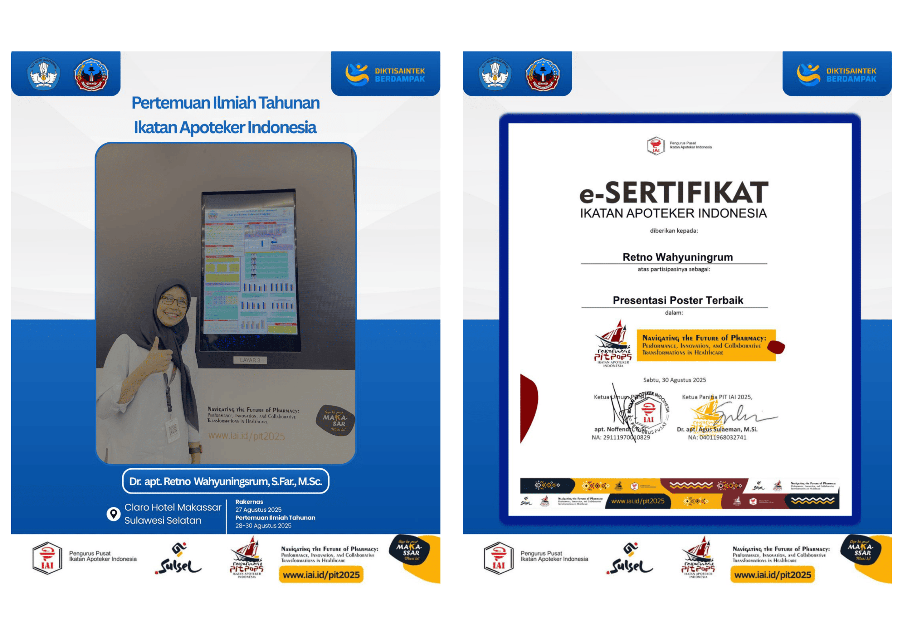 Dr. apt. Retno Wahyuningrum, S.Far., M.Sc. Raih Penghargaan Presentasi Poster Terbaik pada PIT IAI 2025