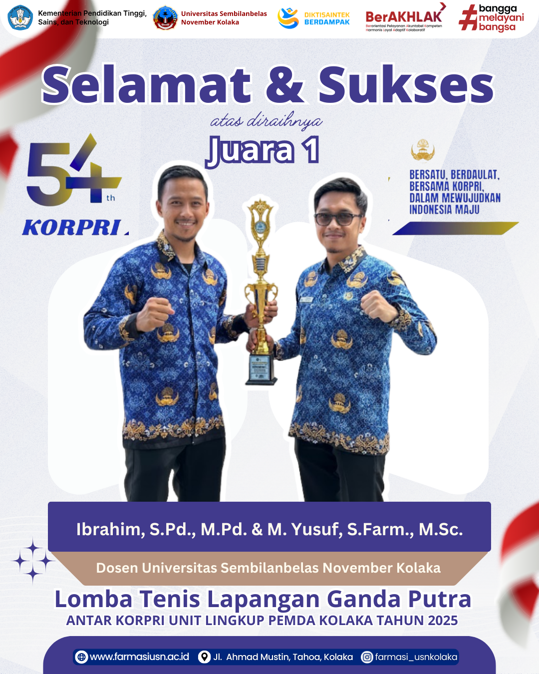 Kolaborasi Dosen Farmasi dan Pendidikan Jasmani Universitas Sembilanbelas November Kolaka Raih Juara 1 Tenis Ganda Putra