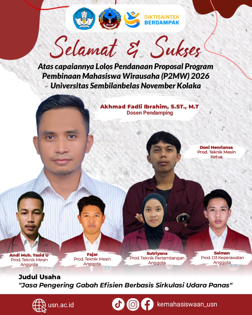 Tim Mahasiswa USN Kolaka Lolos Pendanaan P2MW 2026 Melalui Inovasi Jasa Pengering Gabah Efisien Berbasis Sirkulasi Udara Panas